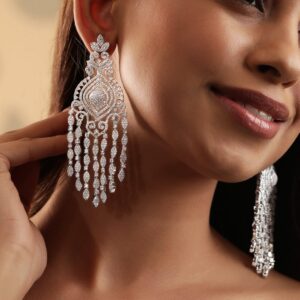 Ethereal Sparkle Rhodium Plated Zirconia Studded Chandelier Earrings - Silver