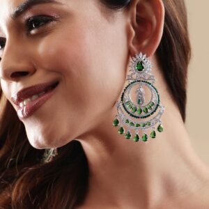Exquisite Elegance Rhodium Plated Zirconia and Emerald studded Chandbali Earrings - Silver::Green