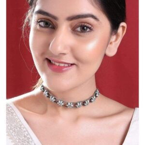 Floral Oxidised Handcrafted Silver Plated Choker - Silver