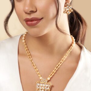 18K Gold Plated Handcrafted Kundan Studded and Gold & Pearl Beaded Jewellery Set - Gold