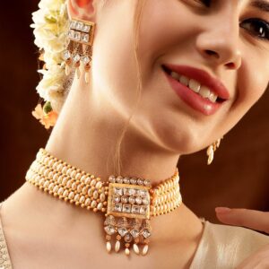 Gold Pendant Choker Set with White Beads and Stone Accents - Gold