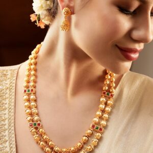 22K Gold-Plated Double Layer Temple Necklace Set with Ruby, Green Kundan & Pearl Beads - Gold