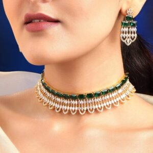 Gold Plated Green & White Stone Studded American Diamond Necklace Set. - Gold