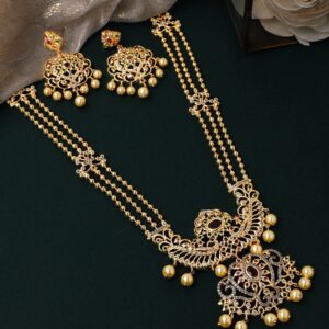 Gold Plated Hand Crafted Eligant Mutlti -Strand Temple Necklace Set - Multicolor