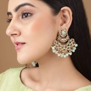 Gold Plated Handcrafted AD Studded & Sky Blue Beads Chandbali Earrings - Gold