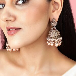 Gold Plated Handcrafted AD Studded & White Beads Jhumka Earrings - Gold