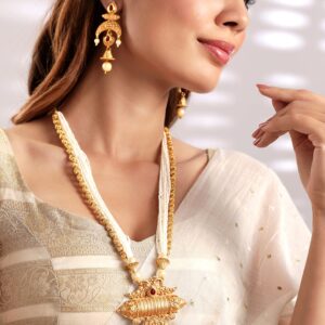 18K Gold-Plated Red & White Stones Pearl Beads Multi-Starnd Temple Jewellery Set - Gold
