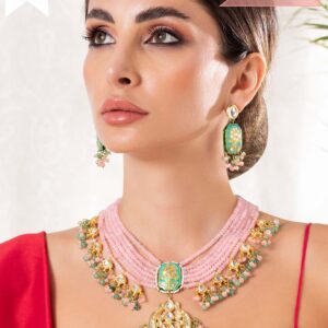 Gold Plated Handcrafted Enamel & Kundan Pink Beads Necklace Set - Multicolor