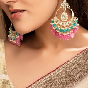 18K Gold Plated Kundan Studded Multicolor Big Chandbali with White Pink & Blue Bead - Gold