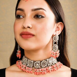 Gold Plated Handcrafted Mirror Pink Beaded Necklace Set - Gold