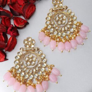 Gold Plated Kundan Studded Pearl Drop Statement Chandbali Earrings - Pink