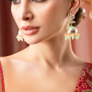 Gold Plated Pastel Earrings With Mint Green Enamel, Pink And Mint Beads