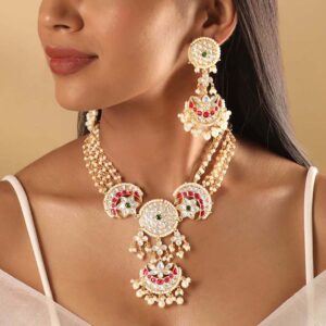 Gold Plated Polki Studded Red Enamel Beaded Choker Necklace Set - Red::Gold