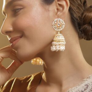 Gold Plated Stone Studded & Pearl Beaded Dome Shaped Jhumkas - Gold