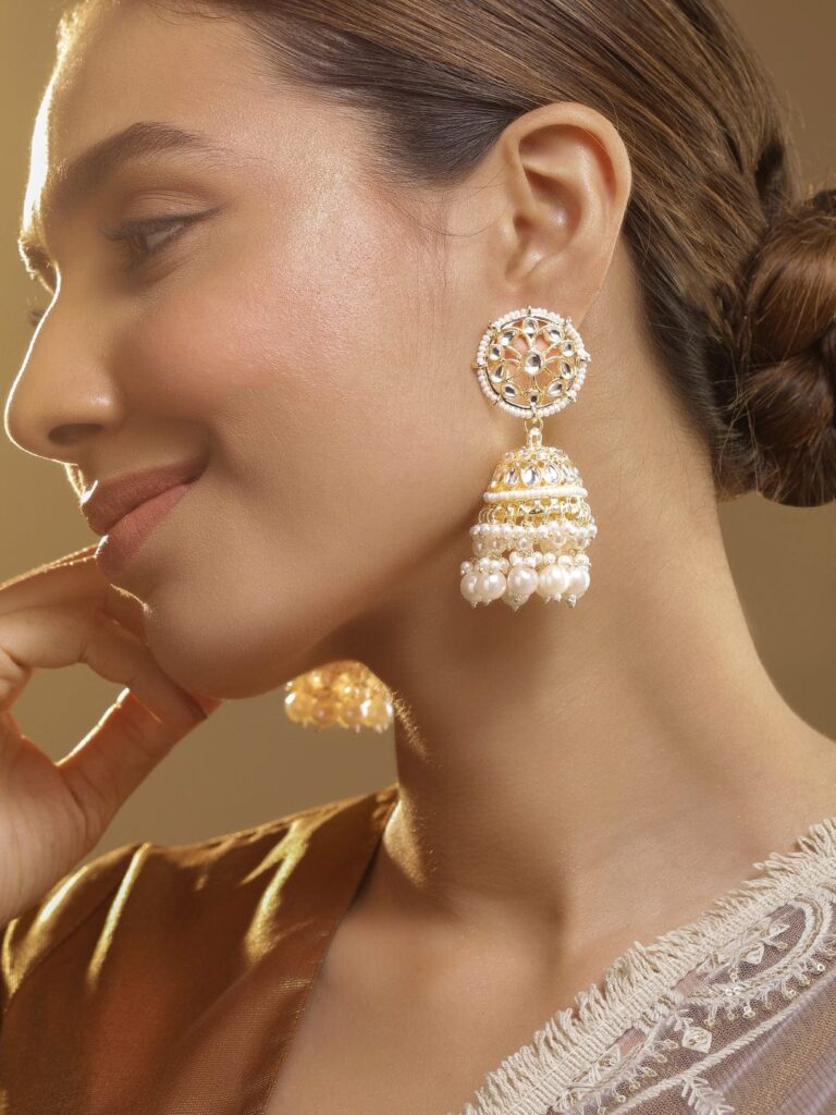 Gold Plated Stone Studded & Pearl Beaded Dome Shaped Jhumkas - Gold