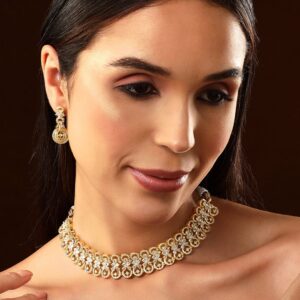 Gold Plated White Stone Studded American Diamond Necklace Set. - Gold