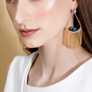 Gold Toned contemporary Blue Cristal Studded Drop Earrings - Gold