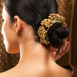 Gold-Toned Handcrafted Hair Bun Accessory with Golden Pearl Beads - Gold