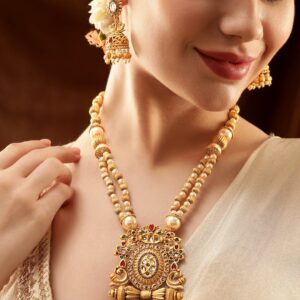 22K Gold-Plated Red Enamel Kundan Studded Necklace Set with Golden Pearls - Red