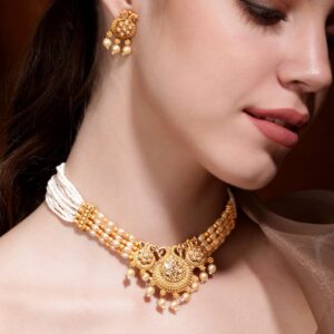 Gold-Toned Pendant with Off-White Beads Chain Choker Set - Gold