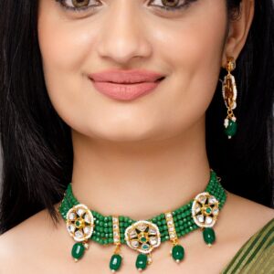 Gold-Toned White Kundan-Studded Green Beaded Jewellery Set - Gold