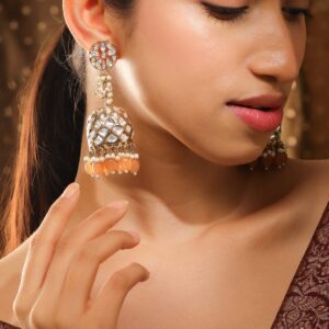 Handcrafted 22K Gold Plated Kundan Studded Dome Jhumka Earrings with Peach & Pearl Beads - Gold