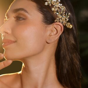 Handcrafted Golden & Silver Crystal Leaf Design Side Clip Hair Accessory Set of 2 for Women