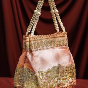 Handcrafted Peach Pink Silk Potli Bag with Pearl Handle & Gold Embroidered Elephant Motif