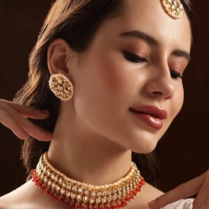 Kundan Choker Set with Red Beads - Gold::Red