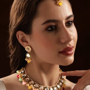 Kundan Jewellery Set with Multicoloured Beads - Multi Color