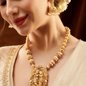 22K Gold-Plated Golden Beads & Pearl Drops Radha Krishna Temple Jewellery Set - Gold