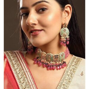 Luxury 24K Gold-Plated & Green Enamel And Kundan Stone Beaded Handcrafted Jewellery Set - Multicolor