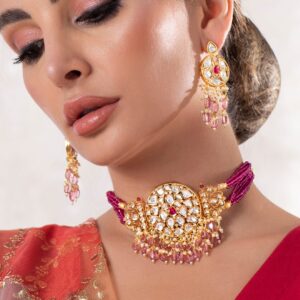 Luxury 24K Gold Plated Handcrafted Kundan Stone & Maroon Beads Choker Set - Gold