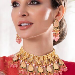 Luxury 24K Gold Plated Handcrafted Pink Enamel & Pachi Kundan with Pearls Beaded Necklace Set - Pink