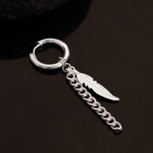 Men's Stainless Steel Silver-Plated Tarnish-Free Waterproof Feather Chain Earring - Silver