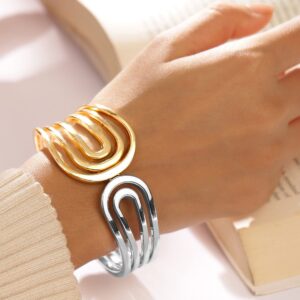 18K Gold & Rhodium Plated Dual Tone Sculptural Bold Statement Open Cuff Bracelet - Dual Tone