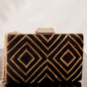 Navy Blue Coloured Box Clutch With Embellished Golden Beads - Gold