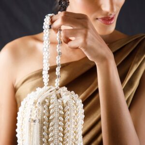 Off White Coloured Potli Bag With Golden Embroided Design And Pearls. - Off White