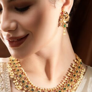 Opulent Gold Tone Temple Necklace Set with Multicolored Stones - Gold::Multi Color