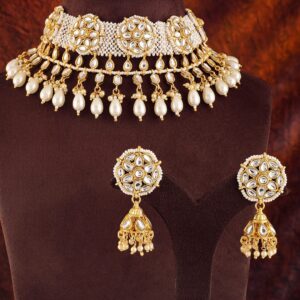 Opulent Reverie 22K Gold Plated Kundan and Pearl beaded Choker jewelry Set - Gold