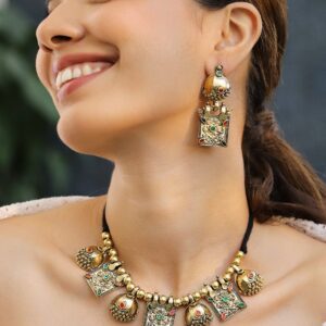 Oxidised Antique Gold-Plated Tribal Necklace Set with Dome Accents & Red-Green Stones for Women