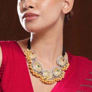 Oxidised Silver & 22K Gold-Plated Multicolored Stone Studded Traditional Necklace with Golden Beads Accents - Multicolor