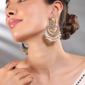 Oxidised Silver & Gold-Plated Dual-Tone Statement Chandelier with Pearl Drops