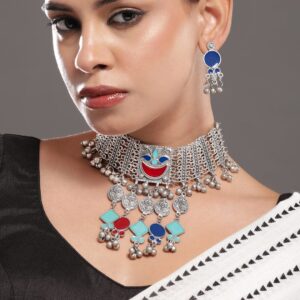 Oxidised Silver-Plated Choker Necklace Set with Vibrant Blue, Red & Turquoise Accents
