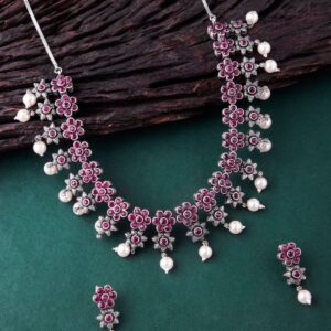 Oxidised Silver Plated Embellished With Faux Ruby Floral Necklace Set - Pink