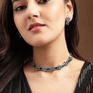 Oxidised Silver Plated Handcrafted Green Stone Floral Necklace Set - Silver