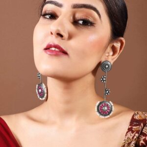 Oxidised Silver Plated Handcrafted Ruby Stone with White Pearls Drop Earrings - Silver
