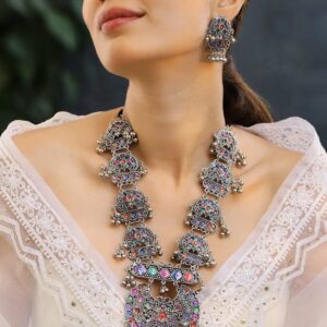 Oxidised Silver-Plated Multicolour Stone Studded Afghani Necklace Set with Ghungroo Drops for Women