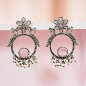 Oxidised Silver-Toned Earrings with Peacock Motif, Pastel Pink Stones & Pearl Drops