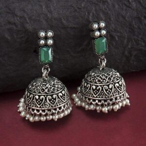 Oxidised Silver Toned Faux Emerald Studded Jhumka Earrings - Silver